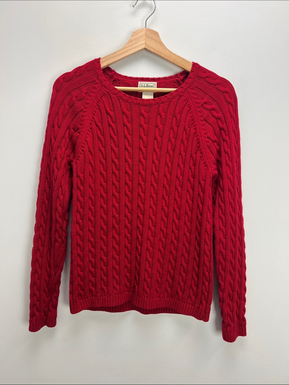 Vintage L.L. Bean Red Cable Knit Sweater Cotton Womens Medium Classic Preppy